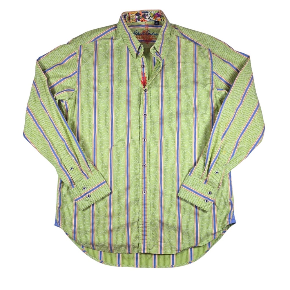 Robert Graham Green Blue Stripe White Rose Vine Turn Cuff Button Up Shirt Mens L